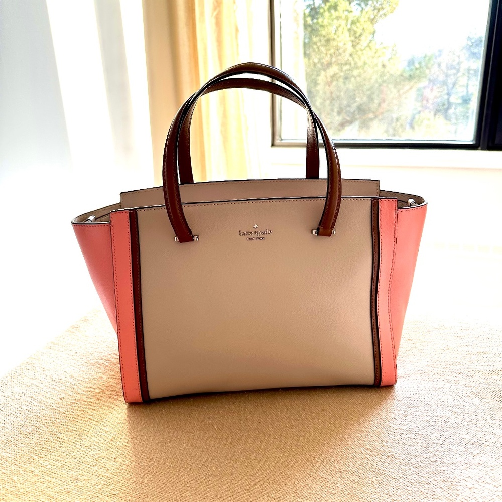 KATE SPADE handbag purse - taupe & pink, no shoulder strap, EUC